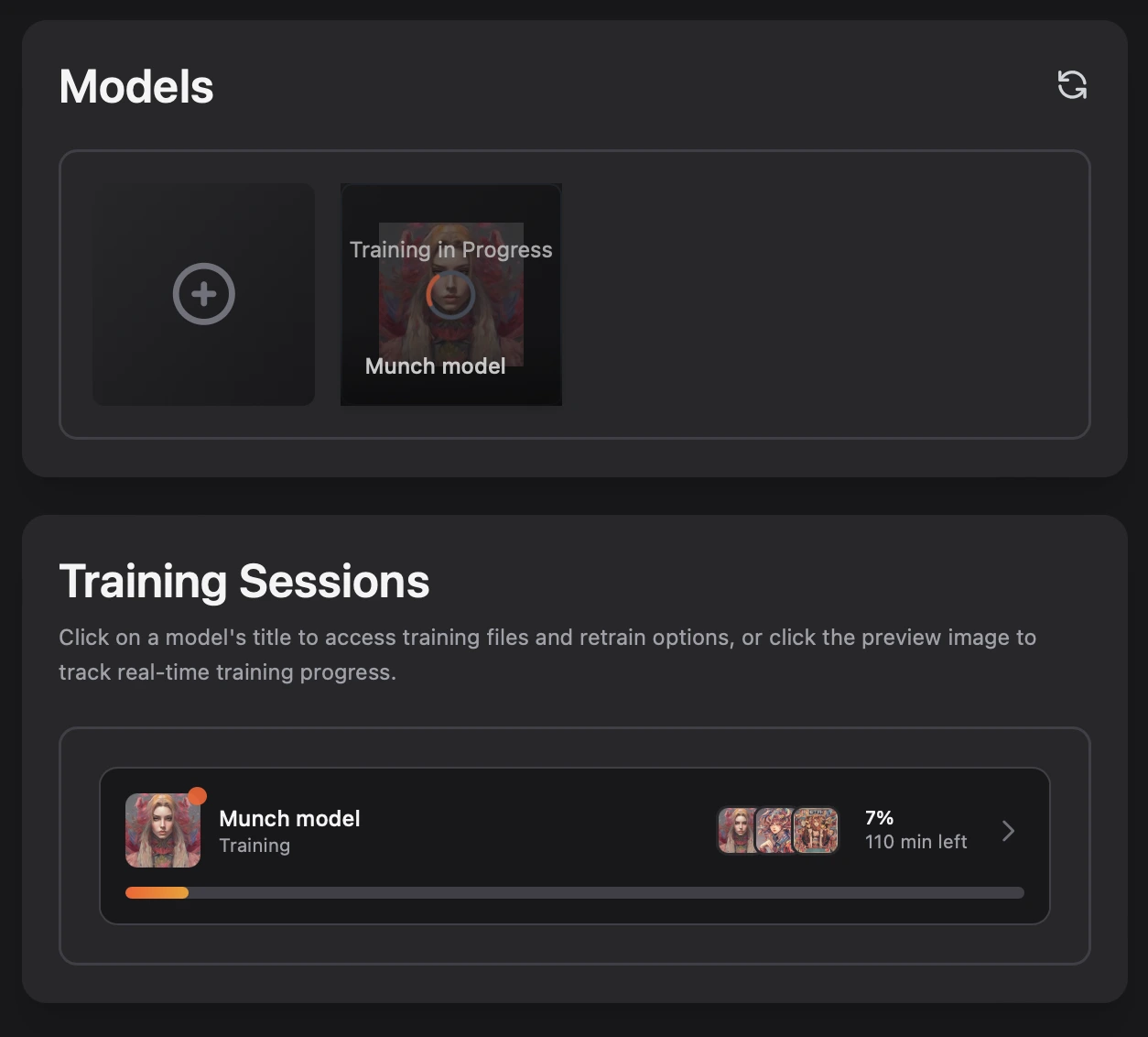 Interface showing model training progress