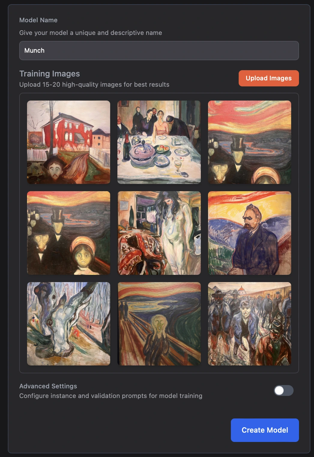 Interface showing Edvard Munch images being uploaded